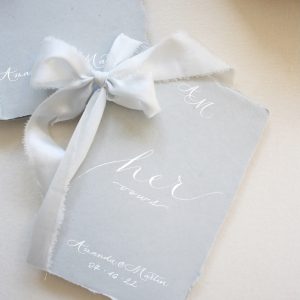 His & Her Vow Books - Handwritten calligraphy on blue handmade paper