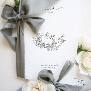 His & Her Vow Books - Green floral crest with calligraphy